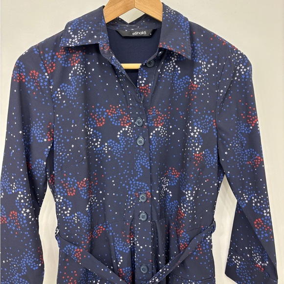 eShakti Red White Blue Star Pattern Navy Long Sleeve Belted Shirt Dress July 4th - Picture 3 of 8